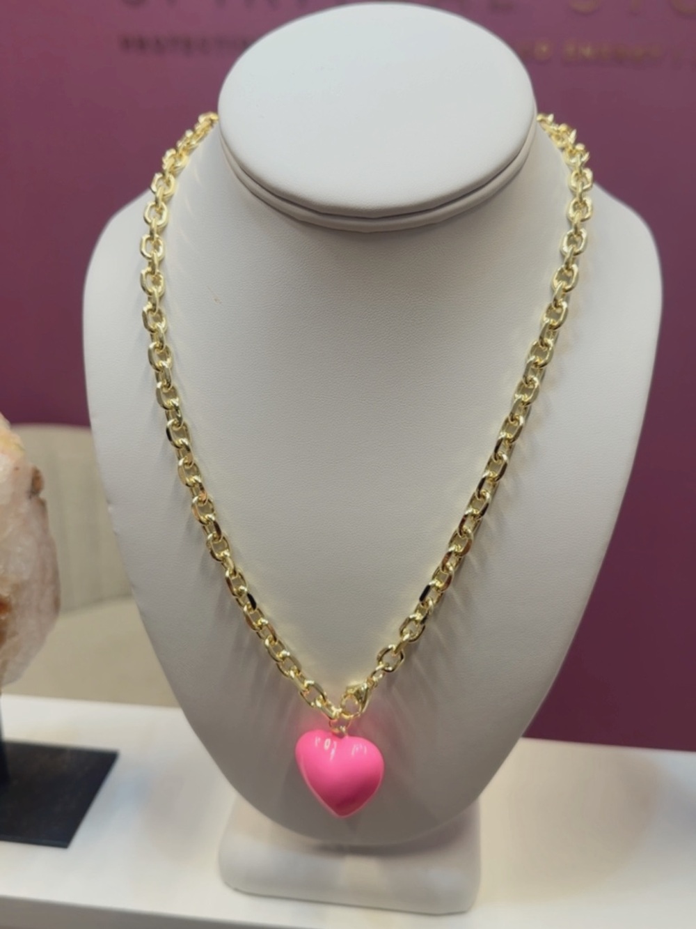 Gold Chain Necklace with Pink Heart Pendant